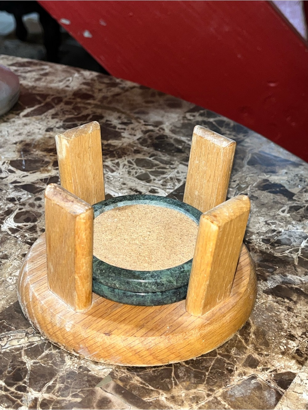 Vtg Himark Green Marble Cork Coaster Set Wood Holder Taiwan Replacement Pc 2